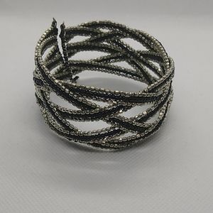Black Silver Beaded Woven Wrap Cuff Bracelet
